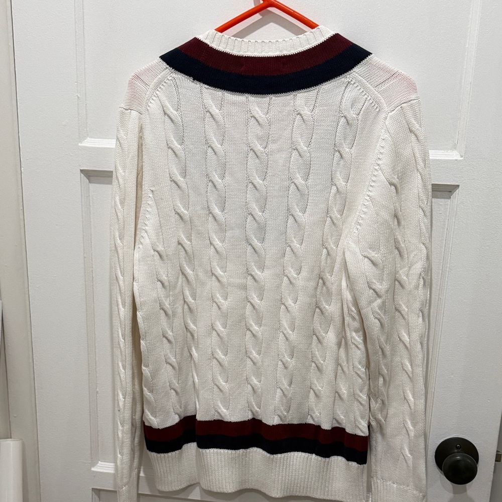 Brooks Brothers White V-Neck Sweater with Navy and Red Stripes - Picture 4 of 5